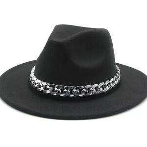Black Stiff Brim Tall Dented Crown Silver Chain Band Trilby Fedora Hat NEW